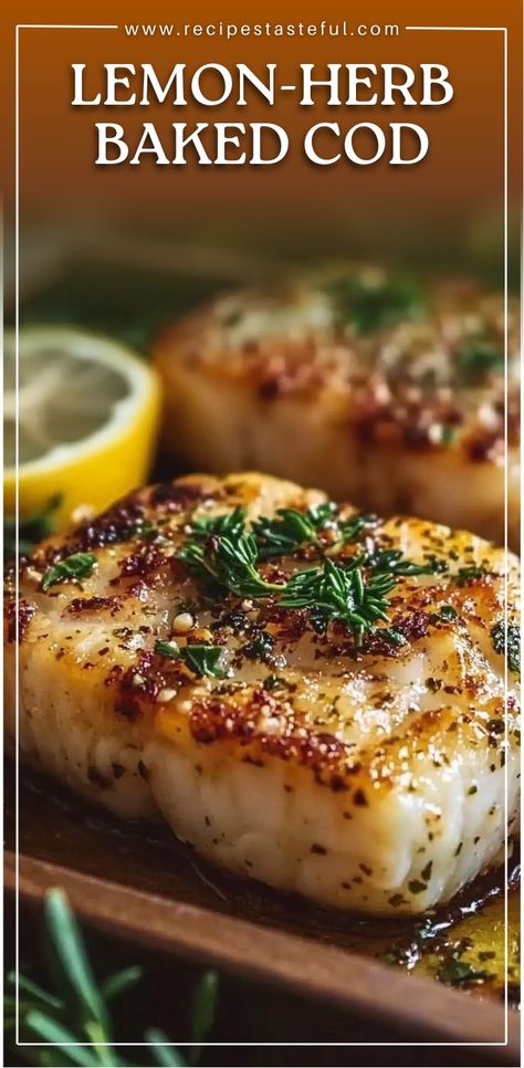 This Lemon-Herb Baked Cod is a light, healthy dish packed with fresh flavors from lemon, herbs, and perfectly baked cod fillets. It’s a quick and easy recipe that makes a delicious dinner when paired with your favorite sides like roasted vegetables, quinoa, or rice. The combination of olive oil, oregano, thyme, and garlic infuses the fish with aromatic flavors, while the fresh parsley adds a pop of color. #BakedCod #HealthyFishRecipes #LemonHerbCod Baked Lemon Fish Recipes, Delicious Cod Recipes, Cod Fish And Rice Recipes, Cod Rice Recipes, Keto Recipes Vegetables, Lemon Herb Baked Cod, White Fish Seasoning Recipes, Best Way To Cook Cod Fish, Fish Dinner Ideas Healthy