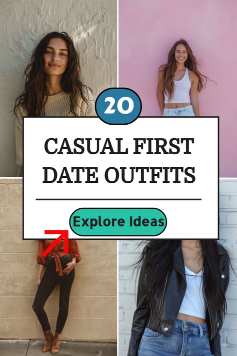 Collage of women in casual date outfits with the text "20 Casual First Date Outfits" and "Explore Ideas". Alt First Date Outfit, Comfy First Date Outfits, First Casual Date Outfit, First Date Bowling Outfit, First Date Winter Outfit Casual, First Date Ideas Outfit Casual, Lunch Date Outfit Ideas Casual, First Date Casual Outfit, What To Wear On A First Date