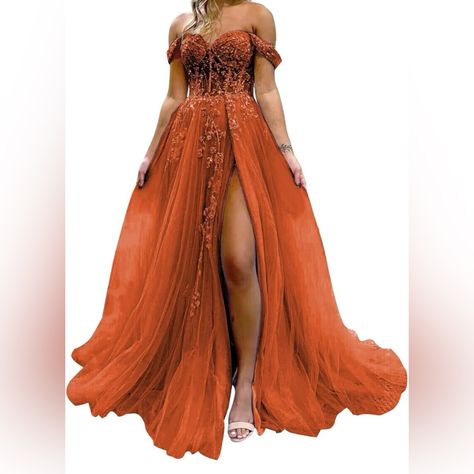 Nwt Orange Off-The-Shoulder Corset Gown W/ Lace Appliqu And Tulle Skirt Size 14 Off The Shoulder Dress With Tulle, Orange Prim Dresses, Blood Orange Prom Dresses, Plus Size Orange Prom Dresses, Prom Dresses Prange, Orange Bride Dresses, Fiery Wedding Dress, Quincenera Dresses Orange, Sunset Color Prom Dresses