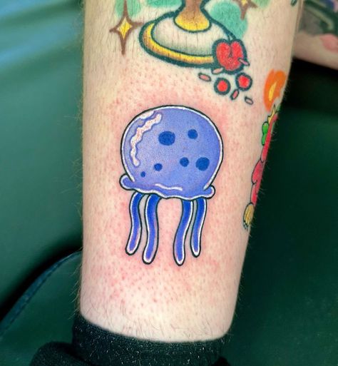 Daniel D | “Friend” from sponebob for my brother. 🏠 @obsidian.ink.fl #tattoo #tattooartist #tattooapprentice #colortattoo #cutetattoo #spongebob… | Instagram Subtle Spongebob Tattoo, Spongebob Jellyfish Tattoo, Fl Tattoo, Spongebob Jellyfish, Spongebob Tattoo, Nerdy Tattoos, Hp Tattoo, Jellyfish Tattoo, Medusa Tattoo