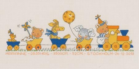 Buy Bobbi's Train Ride Birth Sampler Cross Stitch Kit Online at www.sewandso.co.uk Happy Crafts, Birth Sampler, Sampler Cross Stitch, Nursery Cross Stitch, Baby Cross Stitch Patterns, Baby Embroidery, Haken Baby, Baby Cross, Train Ride