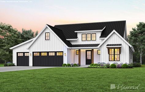 Black Metal Roof White House, Vertical Hardie Board Siding, White House With Black Roof, Bbq Station, Essex House, Dark Window, White Siding, American House Plans, Build House