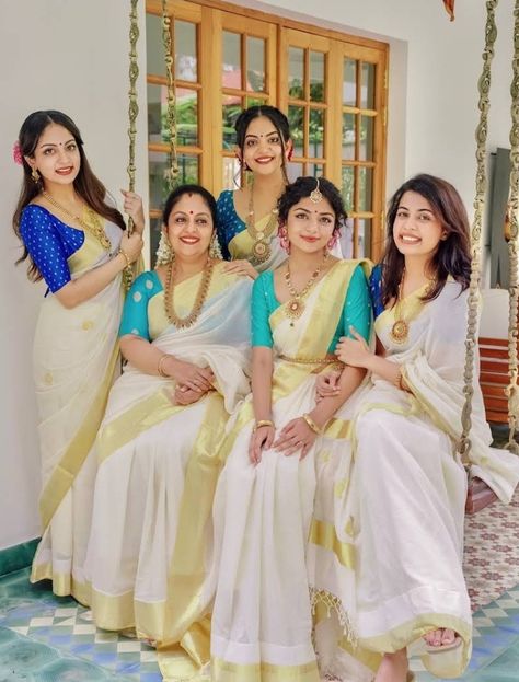 South Indian Bridesmaids, Wedding Kerala, Engagement Looks, Onam Outfits, Onam Saree, Western Dresses For Girl, Ivory Bride, Indian Bridesmaids, Kerala Wedding