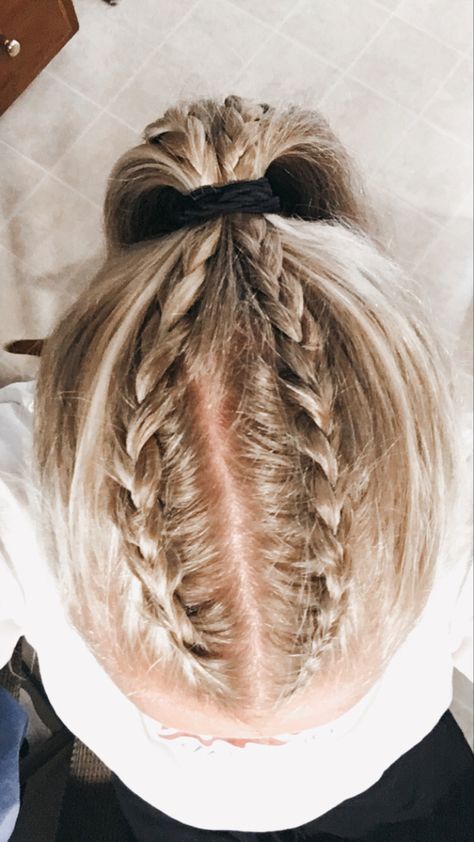 Braids Into Ponytail Sports, Braids For Cheerleaders, Braid Into Ponytail Sports, Two Braids Into A High Ponytail, Gymnastics Hairstyles, Sporty Ponytail, Race Day Hair, Tennis Hairstyles, Cute Sporty Hairstyles