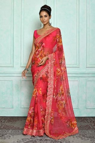 Buy Green Saree 100% Silk Organza Embroidery Floral Flower Placement With Blouse For Women by Zoon Online at Aza Fashions. Rose Gold Skirt, Vikram Phadnis, Skirt Saree, Gold Sequin Fabric, Stand Collar Top, Organza Embroidery, Modern Saree, Eternal Beauty, Tarun Tahiliani