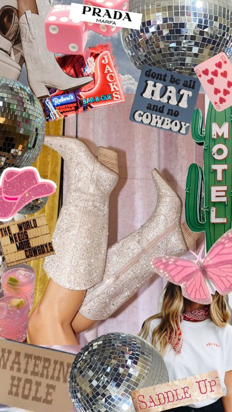 #discocowgirl #cowgirlstyle #cowgirl #aesthetic #cowboyboots #cowboytakemeaway #letsgogirls #cowboyhat #bachelorette #bachelorettetheme #collage #yeehaw Sparkly Cowgirl Aesthetic, Vegas Cowgirl Aesthetic, Cowboy Glam Party, Rhinestone Cowboy Aesthetic, Cosmic Cowgirl Aesthetic, Champagne Cowgirl, Rhinestone Cowgirl Aesthetic, Galactic Cowboy, Disco Cowboy Party