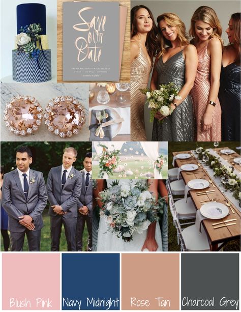 Blush Pink, Navy Blue, Rose Gold, & Charcoal Grey - Midnight Summer's Dream/A Summer's Eve Color Wedding Palette Navy Gray Pink Wedding, Navy Blue Blush Pink Grey Wedding, Tux Groomsmen, Navy Tux, Blush Pink Navy Blue, Grey Wedding Theme, Groomsmen Grey, Gold Wedding Colors, Grey Bridesmaids