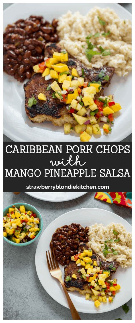 Caribbean Pork Chops with Mango Pineapple Salsa - Strawberry Blondie Kitchen Pork Chop With Mango Salsa, Salsa For Pork Chops, Pineapple Pork Chop Recipes, Pork Mango Recipes, Pork Chop Summer Recipes, Mango Salsa Pork Chops, Jamaican Pork Chops, Mango And Pineapple Recipes, Caribbean Pork Chops