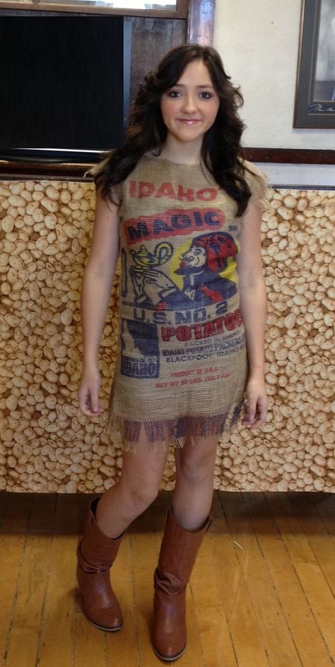 Potato Sack Girl Burlap Sack Dress, Potato Sack Dress, Offbeat Fashion, Burlap Dress, Anything But Clothes Party, Anything But Clothes, Potato Sack, Sack Dress, Burlap Sacks