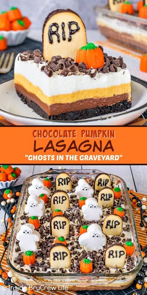 Chocolate Pumpkin Lasagna - tombstone cookies and marshmallow ghosts turn this no bake pumpkin lasagna into a Ghosts in the Graveyard dessert. Make this easy recipe for Halloween parties. Ghosts In The Graveyard Dessert, Halloween Lasagna, Graveyard Dessert, Tombstone Cookies, Ghosts In The Graveyard, Marshmallow Ghosts, Dip Appetizers, Pumpkin Lasagna, Fall Eats