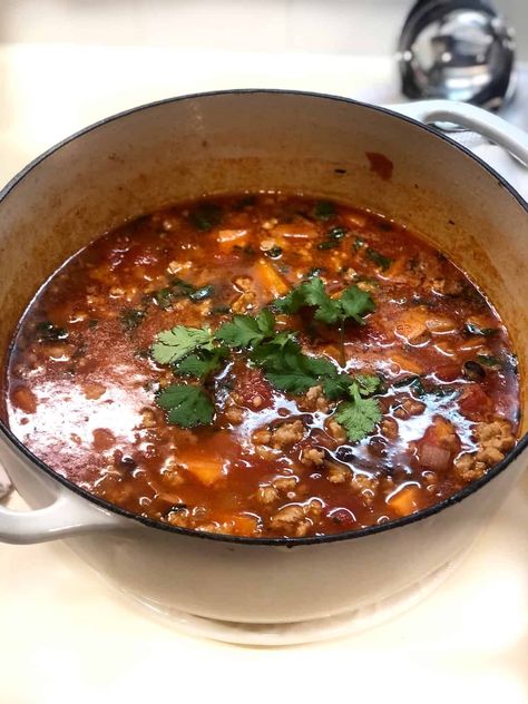 Sausage And Black Bean Soup, Black Beans Sweet Potato, Sausage Chili Recipe, Avocado Yogurt Dip, Black Bean And Sweet Potato, Bean And Sweet Potato, Hearty Soup Recipes, Cilantro Lime Sauce, Leftovers Soup