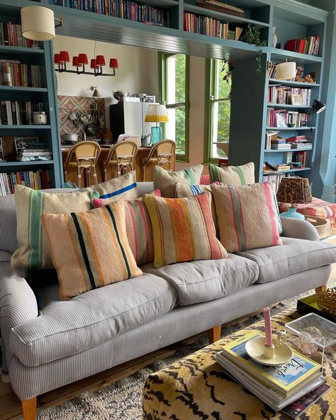 The House Upstairs, Stripe Cushions Living Rooms, Sarah Brown Interiors, Striped Couch Living Room, Soho Home Interiors, Striped Rug Living Room, House Upstairs, Striped Couch, Striped Sofa