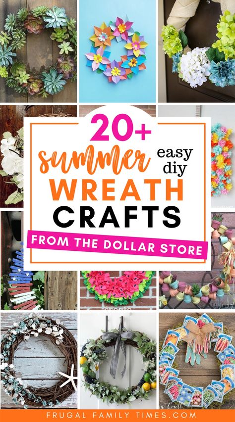 You can use dollar store supplies to make beautiful summer door wreaths! This collection of creative dollar store wreaths will make your front door beautiful on a budget. Some ideas include a succulent wreath, 4th of July wreath, gardening inspired wreaths and wreaths made with fabrics and faux flowers.Dollar store crafts can be gorgeous! #summerdecor #wreaths #dollarstorecrafts Summer Wreaths For Front Door Diy Dollar Stores, Easy Summer Crafts For Adults, Summer Craft Ideas For Adults, Summer Wreaths For Front Door Diy, Diy Front Door Decor, Summer Crafts For Adults, Hydrangea Wreath Diy, Summer Door Decorations, Summer Door Decor