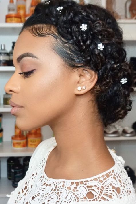 Milkmaid Braid Curly Hair, Halo Braids For Black Women Wedding, Afro Hair Updo Styles, Halo Braid Curly Hair, Braided Updo For Curly Hair, Halo Braid Wedding Hair, Wedding Braid Hairstyles Black Women, Mixed Hair Wedding Hairstyles, Prom Hairstyles Natural Hair