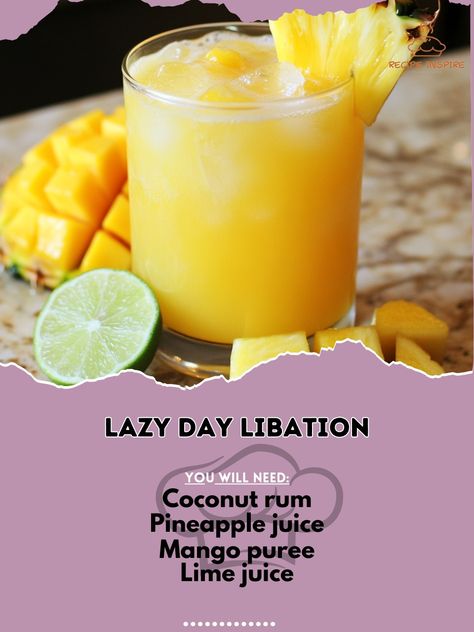 🍹🌞 Take it easy with the Lazy Day Libation—a refreshing drink for those perfect laid-back moments. 😌🍸 #LazyDay #ChillVibes Lazy Day Libation Ingredients: Coconut rum (1 cup) Pineapple juice (1 1/2 cups) Mango puree (1/2 cup) Lime juice (1/4 cup) Ice cubes (as needed) Pineapple slices (for garnish) Instructions: In a shaker, combine coconut rum, pineapple juice, mango puree, and lime juice. Shake well and pour into a glass filled with ice cubes. Garnish with pineapple slices. 🍹🌞 Whether yo... Coconut Rum Drinks, Bar Tender, Christmas Punch Recipes, Tasty Drinks, Pineapple Slices, Mango Puree, Rum Drinks, Mango Coconut, Delicious Cookie Recipes