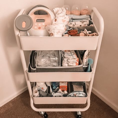 How to Make a Nursing Cart (FREE Checklist!) - Birthing Balance Nursery Cart Essentials, Newborn Trolley Cart, Bed Side Cart For Newborn, Newborn Cart Organization, Bedside Nursing Cart, Baby Trolley Organiser, Bedside Cart For Newborn, Cart For Baby Supplies, Nursery Rolling Cart Ideas