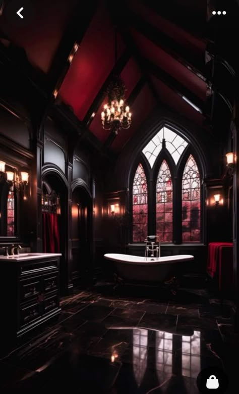 Red Black And Gold House Decor, Dark Romantic Bathroom, Vampire Bathroom, Victorian Gothic Bathroom, Enchanting Bathroom, Red And Black Bathroom, Bathroom Ideas Victorian, Victorian Bathroom Ideas, Gothic Bathroom Ideas