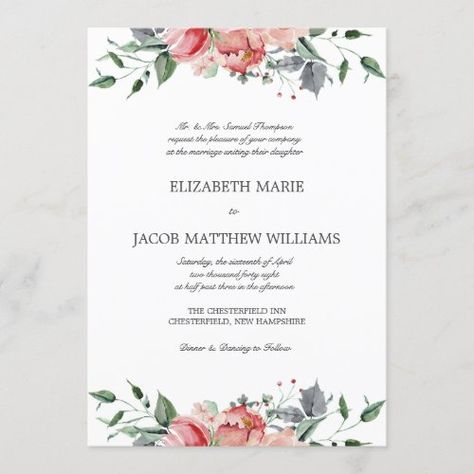 Elizabeth Elegant Pink Flowers Rustic Wedding #rusticweddinginvitation #elegant #watercolorflowers #blushpinkandgray #botanical #calligraphyscript #classic #vintage #elizabethelegantscriptweddingw20 #albamarieweddings Christian Wedding Invitation Card Design, Christian Wedding Invitation Wording, Catholic Wedding Invitations, Christian Wedding Cards, Christian Wedding Invitations, Rustic Wedding Invitation, Marriage Invitations, Blush Wedding Invitations, Elegant Wedding Invitation