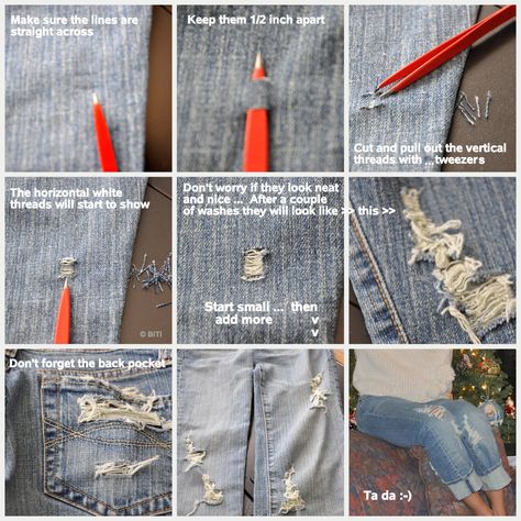 Ripped Jeans diy for Rachael Diy Distressed Jeans, Diy Ripped Jeans, Torn Clothes, Fashion Tricks, Distress Jeans, 80's Fashion, Diy Denim, Clothing Crafts, Diy Jeans