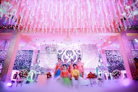 Half Saree Decoration at A plus - Aica Events Half Saree Stage Decoration, Half Saree Function Entry Ideas, Half Saree Function Stage Decoration, Half Saree Decoration, Half Saree Function Decoration Ideas, Saree Function Decoration, Marriage Hall Decoration, Marriage Hall, Saree Function