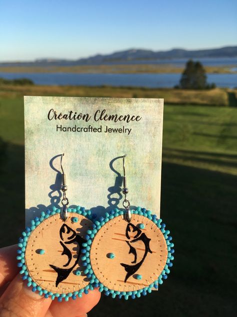 Beaded Birch Bark Earrings, Ojibwa Beadwork, Birch Bark Earrings, Beaded Leggings, Bark Crafts, Indigenous Jewelry, Birch Jewelry, Jumping Fish, Indigenous Beadwork