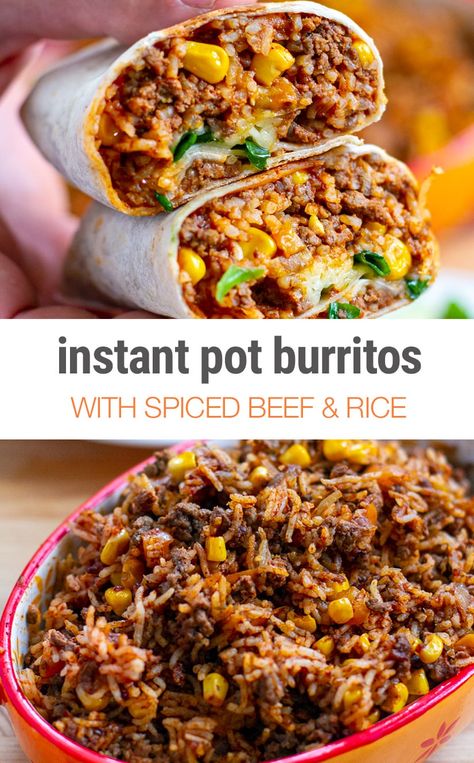 Instant Pot Burrito, Rice Burrito, Mexican Instant Pot Recipes, Ground Beef Instant Pot Recipes, Instant Pot Beef Recipes, Spiced Rice, Spiced Beef, Beef And Rice, Instant Pot Dinner Recipes