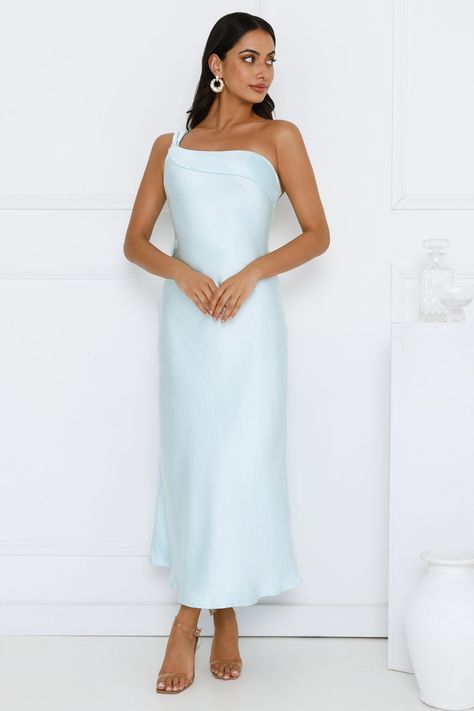 Fashion For Women | Official Online Store Soft Blue Dress, Light Blue Cocktail Dress, One Shoulder Maxi Dress, Blue Cocktails, Silk Dresses, Blue Cocktail Dress, Back Shoulder, Stretch Satin, Maxi Dress Blue