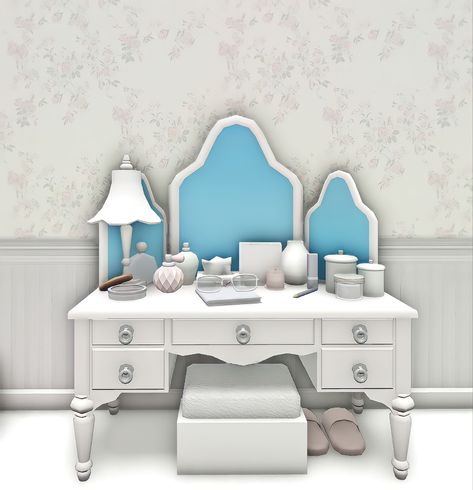 Bloxburg Vanity, Bloxburg Coquette, Coquette Vanity, Dog Bedroom, Blocksburg Room Ideas￼, Pretty Furniture, Bloxburg Decals Codes Wallpaper, Small House Layout, Simple Bedroom Design