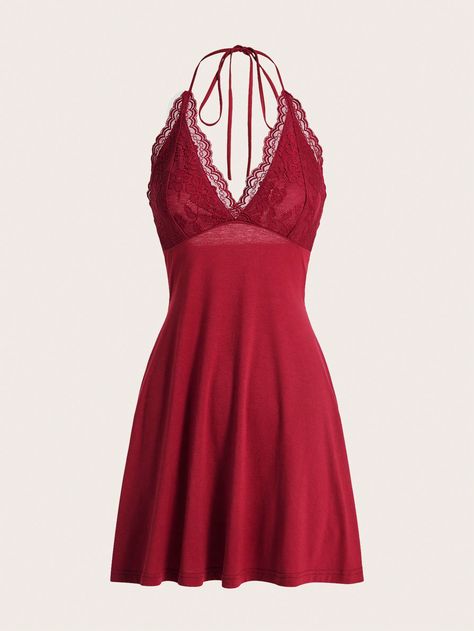 Lace Trim Halter Neck Dress Burgundy Sexy  Sleeveless Knitted Fabric Plain Cami Slight Stretch  Women Clothing, size features are:Bust: ,Length: ,Sleeve Length: Red Lingerie Dress, Textiles Gcse, Halter Neck Maxi Dress, Halter Neck Dress, Y2k Dress, Gorgeous Clothes, Lingerie Dress, Red Lingerie, Halterneck Dress