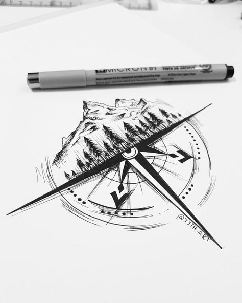 Compass Tattoo Design, Kunst Tattoos, Inspiration Tattoos, Cat Tattoos, Tiny Tattoo, Mountain Tattoo, Nature Tattoos, A Pen, Sleeve Tattoo