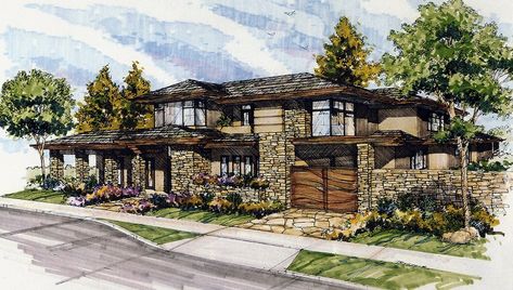 Exterior Perspective Rendering, Perspective Rendering, Perspective Drawings, Marker Color, Architectural Rendering, Garden Drawing, Modern Exterior House Designs, Sales Office, Visual Aids