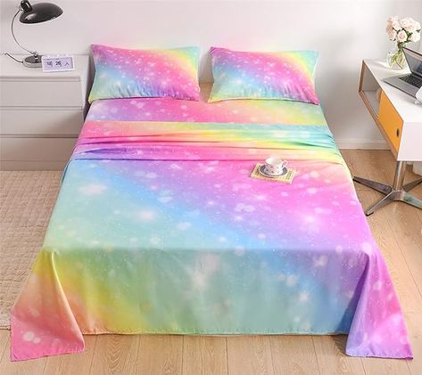 Unicorn And Rainbow Bedroom, Girly Bed, Rainbow Bed, Rainbow Bedroom, Rainbow Bedding, Queen Bed Sheets, Kids Sheets, Full Size Sheets, Pastel Girl