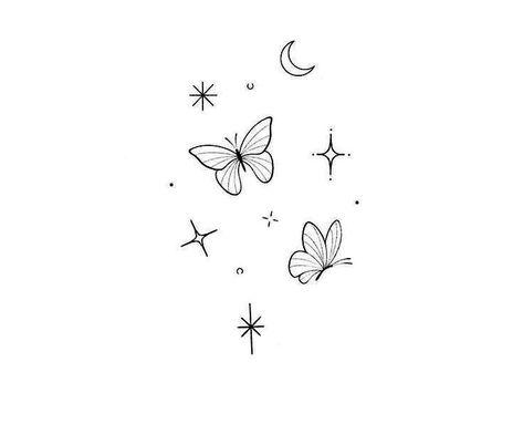 Stars Butterfly Tattoo, Butterfly Tattoo With Sparkles, Butterfly And Star Tattoo, Butterfly Sparkle Tattoo, Star Butterfly Tattoo, Minimalist Tattoo Butterfly, Star Sparkle Tattoo, Moon And Butterfly Tattoo, Butterfly Minimalist Tattoo