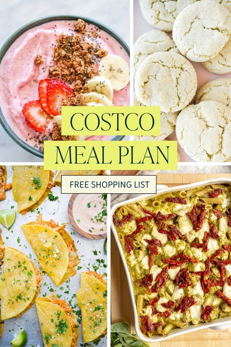 a collage of completed meal photos reflecting meal plan for the week in this article. Costco Meal Planning, Costco Meal Prep Shopping Lists, Healthy Costco Meal Prep, Healthy Costco Meals, Costco Grocery List, Costco Meal Prep, Costco Meal Plan, Costco Shopping List, Meal Plan For The Week