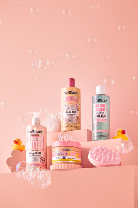 We created this fun bubble shot using a combination of propsyland props and matching peach backdrop, all available to shop now via our website. Click the link! #stylinginspiration #bathtime #productphotography #productshootinspo #soapandglory #skincare #inspiration Product Collection Photography, Product Photography Soap, Fun Product Photography, Set Design Film, Peach Backdrop, Smooth Skin Body, Sensitive Skincare, Skincare Shop, Skin Care Products Design