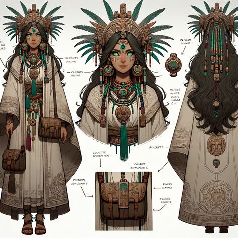 Ixchel is depicted in traditional Mesoamerican attire, with flowing robes adorned with symbols and glyphs. A decorative, feathered headpiece rests on her head. There are subtle elements in her attire hinting at her covert affiliation with the order. Her eyes are sharp and glowing green with the knowledge, giving her a glimpse of how Nawi perceives the world and reality around them understanding things at a deeper level for a time and understanding the responsibility of having such knowledge. Mayan Traditional Clothing, Mesoamerican Fantasy Art, Traditional Mayan Clothing, Mesoamerican Clothes, Aztec Traditional Clothing, Fantasy Mesoamerica, Aztec Woman Art, Mayan Character Design, Aztec Oc