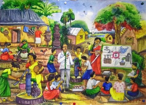 Art Village Market Scene Drawing, Village Scene Drawing, Indonesia Traditional, Bali Painting, Filipino Art, Human Figure Sketches, Hyper Realistic Paintings, Drawing Ideas List, Scene Drawing