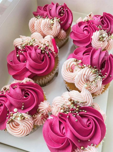 Raspberry Cupcakes Decoration, Decorated Cupcakes For Wedding, Dozen Cupcake Designs, Pink And Gold Cupcake Ideas, Pink Birthday Cupcakes For Women, Pink Cupcake Decorating Ideas, Hot Pink Cupcakes Birthday, Magenta Cupcakes, Shades Of Pink Cupcakes