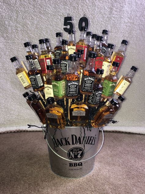 Gifts For Dad 50th Birthday, Gift For 50th Birthday Man, Jack Daniels Bouquet, 50th Birthday Present Ideas For Men, 50th Birthday Gift Ideas For Men, Diy 50th Birthday Gifts, Dad 50th Birthday Gift, Mini Bottle Bouquet, 50th Birthday Ideas For Men