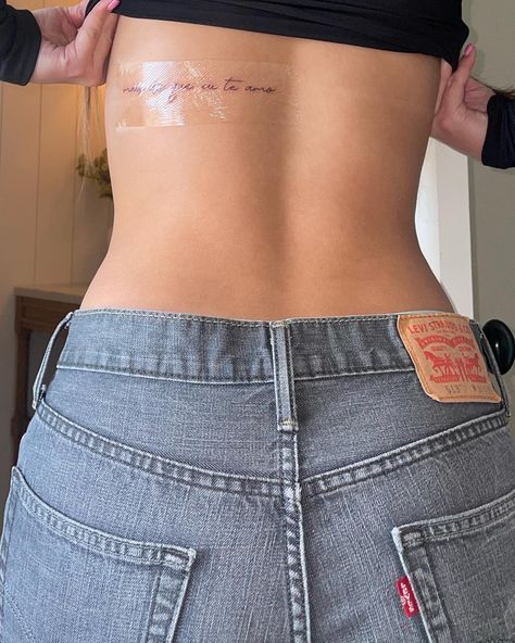 Cool Hip Tattoos For Women, Back Tattoo Women Horizontal, Cute Word Tattoos For Women, Back Tattoo Women Writing, Birthdate Tattoo Ideas Unique, Upper Back Tattoo Women Small, Thigh Word Tattoo, Cute Thigh Tattoos, Small Girly Tattoos