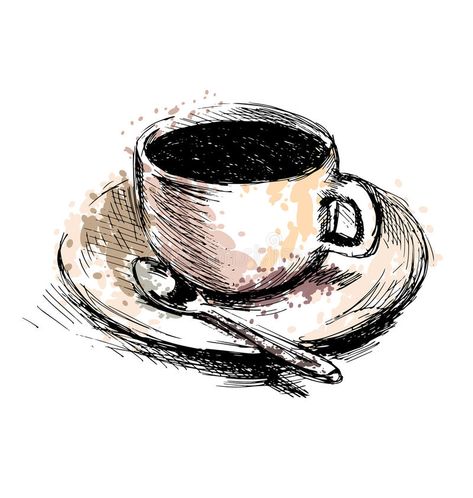 Cute Cup Of Coffee Drawing, Coffee Cup Drawing Sketches, Coffee Mugs Drawing, Cup Of Coffee Sketch, Coffee Pencil Drawing, Espresso Cup Drawing, Art Coffee Drawing, How To Draw Coffee, A Cup Of Coffee Drawing