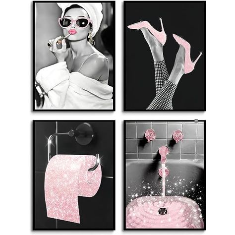 Bathroom Artwork Women, Vanity Artwork Paintings, Elegant Art For Bathroom, Glam Wall Art Bathroom, Chanel Powder Room, Dedigner Wall Art, Beauty Salon Wall Art Luxury, Modern Glam Bathroom Pink And Sklvse, Glam Printable Wall Art