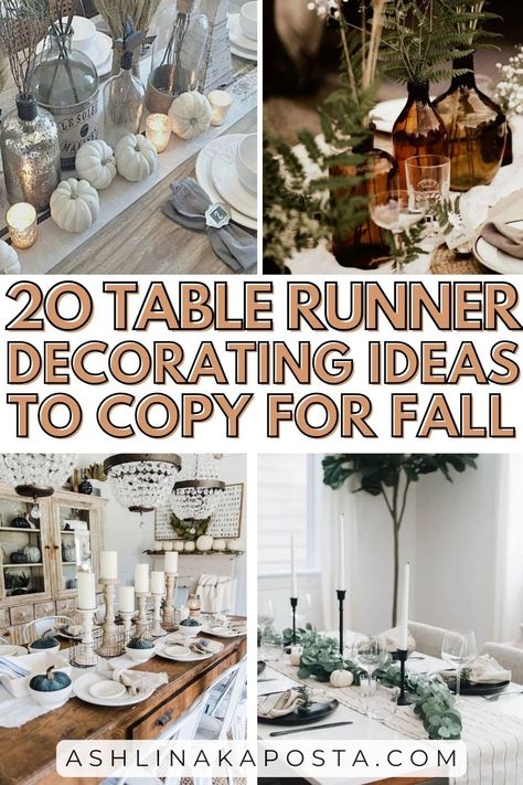 20 Stylish Fall Table Runner Ideas You Need To Try — ASHLINA KAPOSTA Dining Room Table Runner Ideas Decor, Table Runner Ideas, Fall Table Runner, Thanksgiving Table Runner, White Marble Table, Fall Table Runners, Table Scapes, Chic Table, Magnolia Leaves