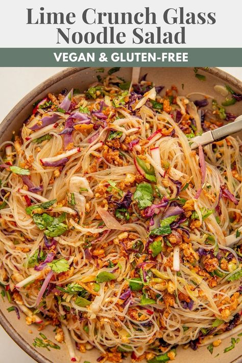 This lime crunch noodle salad is packed with protein and veggies to fill you up and keep you satisfied. Great to meal prep and easy to customize exactly how you like. Glass Noodle Salad, Potato Pasta, Shredded Brussel Sprouts, Roasted Cabbage, Salad In A Jar, Noodle Salad, Gluten Free Dinner, Satisfying Food, Vegan Recipes Easy