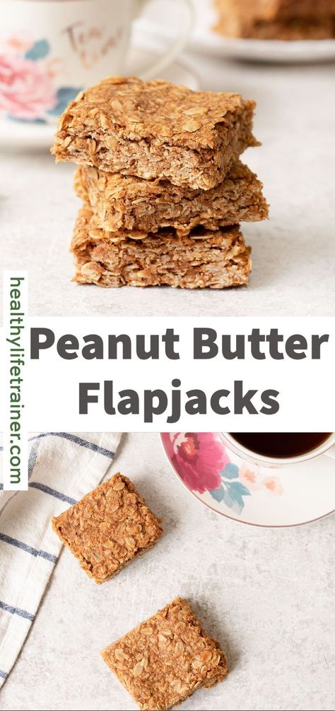 Peanut butter flapjacks are sweet, chewy and rich oat bars loaded with peanut butter and chocolate chips. They are a high source of protein, a boost of fibre and filled with healthy fats for a great on the go breakfast, a healthy snack or a yummy dessert. This healthy flapjack recipe uses wholesome ingredients that guarantee a fantastic and rich taste. The most wonderful thing about this recipe is it’s so quick and easy to make! #flapjacks #Peanutbutterflapjacks #Britishflapjacks High Protein Flapjack Recipe, Low Calorie Flapjack Recipe, Peanut Butter Flapjack, Healthy Flapjack Recipe, Fibre Recipes, Protein Flapjack, Petit Dej Healthy, Peanut Butter And Oats, Healthy Flapjack