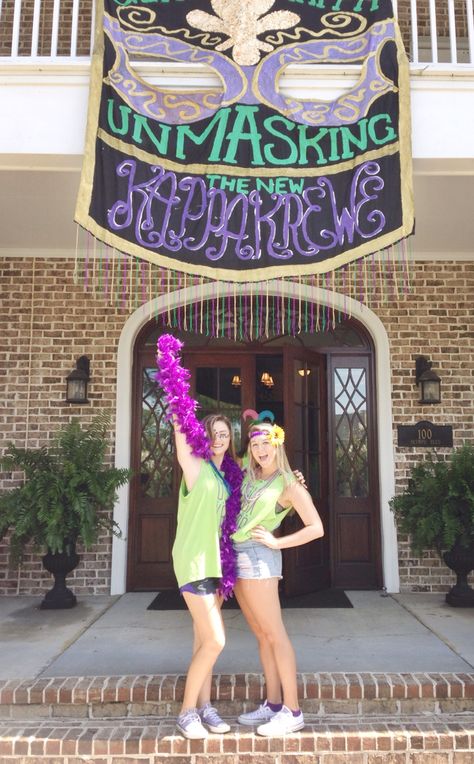 Mardi Gras bid day kkg Mardi Gras Bid Day, Formal Masquerade, Mascarade Ball, Sorority Tee Shirts, Sorority Sisterhood, Sorority Banner, Formal Ideas, Rush Week, Sorority Tees