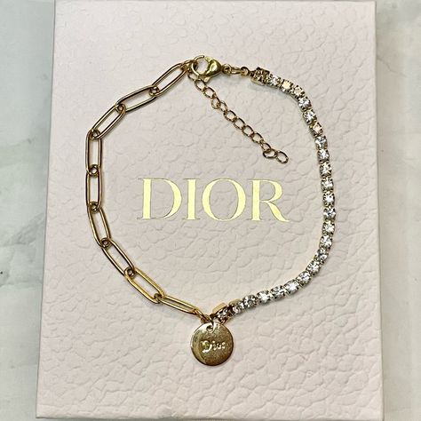 100% Authentic, Upcycled Dior Gold J‘adore Charm Repurposed By Hand Into A 7" Paper Clip & Rhinestone Tennis Mixed Chains Bracelet. Check Out Www.Luxenouvelle.Myshopify.Com For More Styles + Free Shipping Chains Bracelet, Dior Bracelet, Dior Gold, Dior Jewelry, Paper Clip, Chain Bracelet, Tennis, Dior, Bracelet