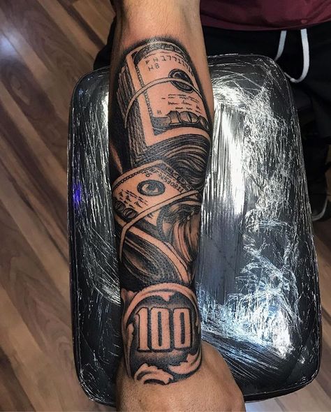 Arm Tattoo Men Money, Money Leg Tattoos, Money Forearm Tattoo Men, Money Arm Tattoos, Money Tattoo Men, Cash Rules Everything Around Me Tattoo, Money Tattoos Women, Money Tattoo Sleeve, Money Tattoo Ideas For Men