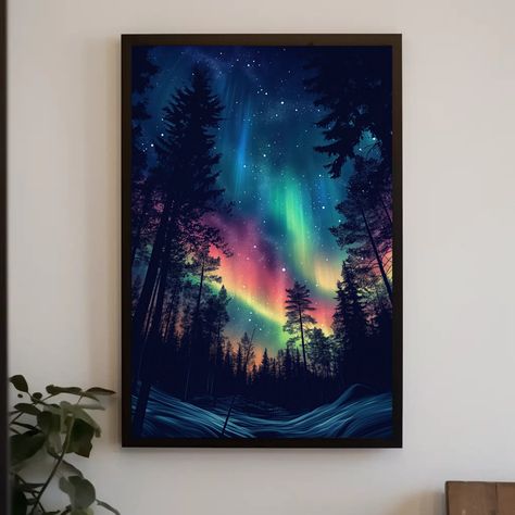 Transform your space with the ethereal beauty of the Aurora Borealis with this Forest Northern Lights canvas painting. This framed print captures the stunning display of the northern lights over a serene forest, making it perfect for Cabin and Nature decor. Ideal for enhancing a cozy living room or a tranquil bedroom, this artwork brings a touch of natural wonder and celestial beauty to any space. High-quality canvas print featuring detailed artwork of the Aurora Borealis over a forest Sturdy wo Aurora Borealis Northern Lights Painting, Aurora Lights Painting, Northern Lights Canvas Painting, Aurora Borealis Painting Acrylics, Wilderness Painting, Aurora Borealis Painting, Northern Lights Canvas, Light Up Canvas, Serene Forest