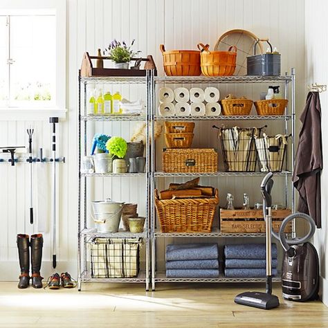 Garage Back-Stock Storage // 7 Ways to Organize Using Wire Shelving // simplyspaced.com Corner Shelf Ideas, Corner Shelf Unit, Laundry Room Storage Shelves, Room Storage Diy, Metal Shelving, Steel Shelving, Laundry Room Storage, Pantry Storage, Laundry Room Organization